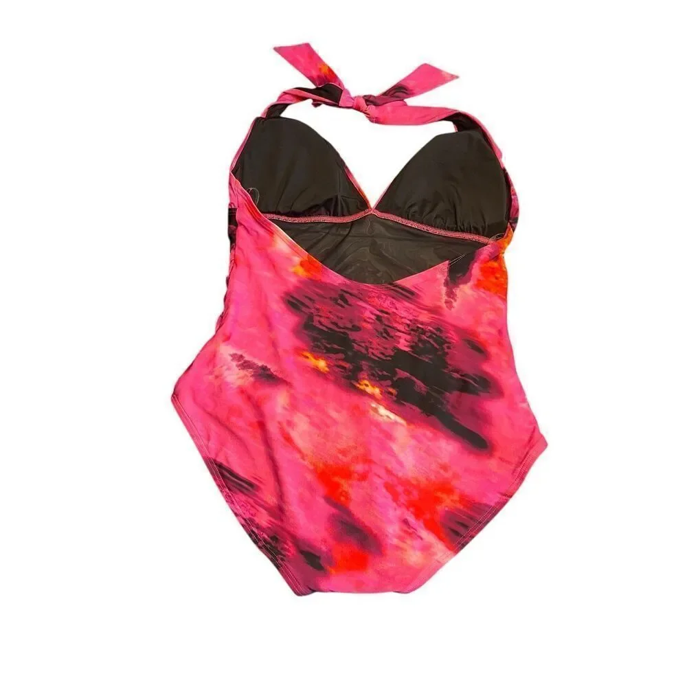 DKNY Womens Size XL Tie Back Halter Style One Piece Swimsuit Pink Black New - Picture 3 of 5